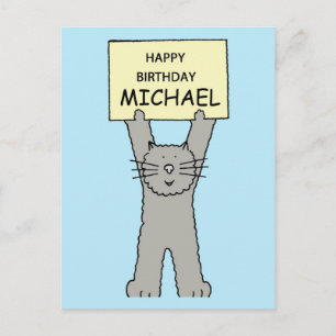 Happy Birthday Michael Cartoon Grey Cat Briefkaart