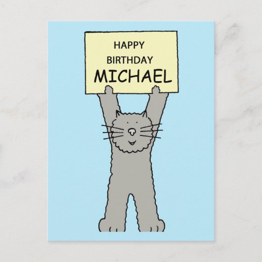 Happy Birthday Michael Cartoon Grey Cat Briefkaart (Voorkant)