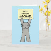 Happy Birthday Michael Cartoon Grey Cat Kaart (Gele Bloem)