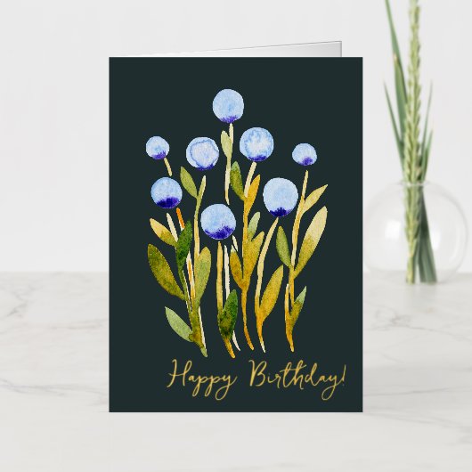 Happy Birthday minimale blauwe waterverf bloemen Folie Feestdagenkaart (Voorkant)