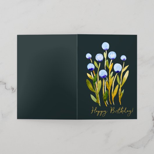 Happy Birthday minimale blauwe waterverf bloemen Folie Feestdagenkaart (Buiten Laag)