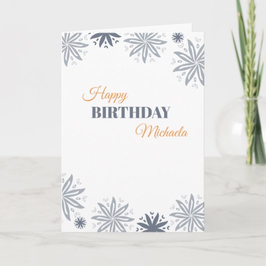Happy Birthday minimalistisch grijs Oranje Floral Kaart (Voorkant)
