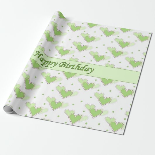 Happy Birthday Mint Green Hearts Wrap Cadeaupapier (Uitgerold)