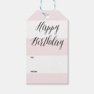 Happy Birthday Modern Calligrafie   Roze strepen Cadeaulabel