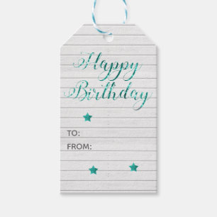 Happy Birthday Modern Calligraphy Blauwgroen Bokeh Cadeaulabel