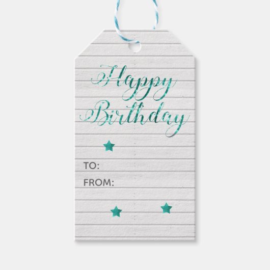 Happy Birthday Modern Calligraphy Blauwgroen Bokeh Cadeaulabel (Voorkant)