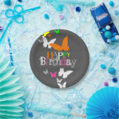 Happy Birthday Modern Colorful Neon Butterflies Papieren Bordje (Feest)