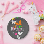 Happy Birthday Modern Colorful Neon Butterflies Papieren Bordje (Feest)