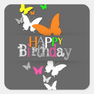 Happy Birthday Modern Colorful Neon Butterflies Vierkante Sticker