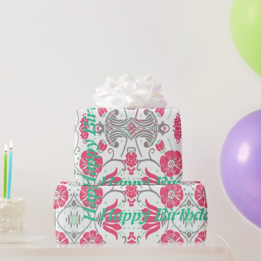 Happy Birthday Modern Floral Design Wrapping Paper Cadeaupapier (Feestgeschenken)