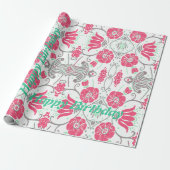 Happy Birthday Modern Floral Design Wrapping Paper Cadeaupapier (Uitgerold)