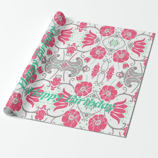 Happy Birthday Modern Floral Design Wrapping Paper Cadeaupapier (Uitgerold)
