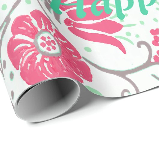 Happy Birthday Modern Floral Design Wrapping Paper Cadeaupapier (Rol Hoek)