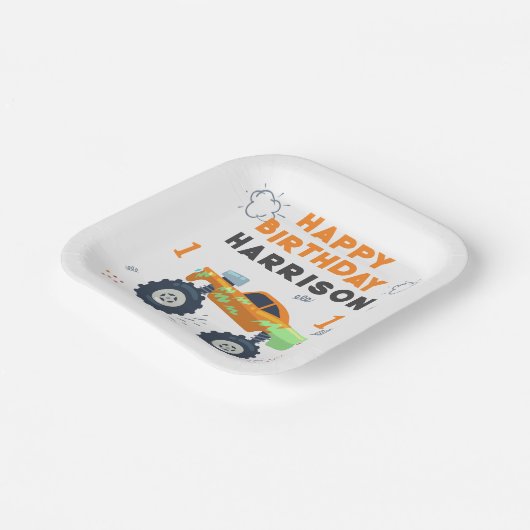 Happy Birthday Modern Monster Car Trucks Name Papieren Bordje (Gebogen)