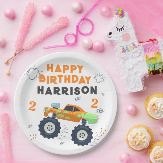 Happy Birthday Modern Monster Car Trucks Name Papieren Bordje (Feest)