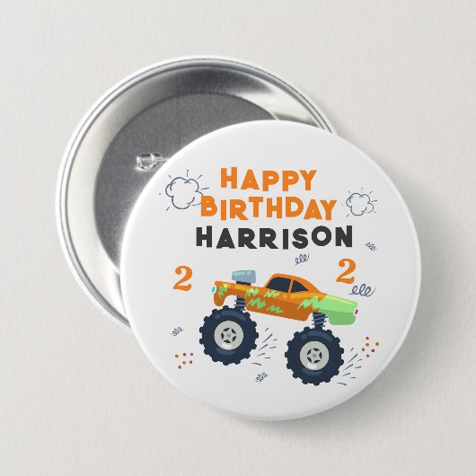 Happy Birthday Modern Monster Car Trucks Name Ronde Button 7,6 Cm (Voorkant /achterkant)