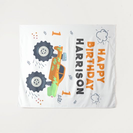 Happy Birthday Modern Monster Car Trucks Name Wandkleed (Voorkant (horizontaal))
