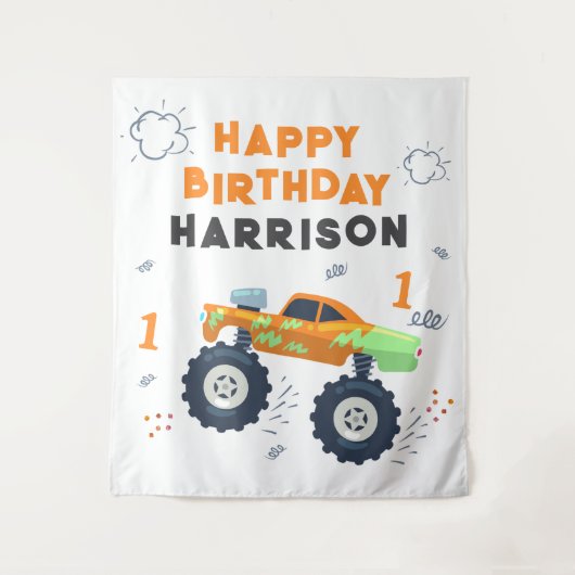 Happy Birthday Modern Monster Car Trucks Name Wandkleed (Voorkant)