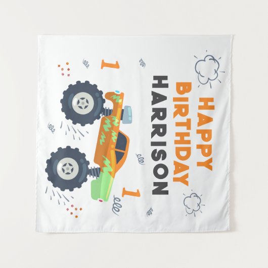 Happy Birthday Modern Monster Car Trucks Name Wandkleed (Voorkant (horizontaal))