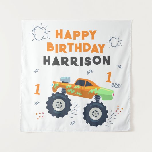 Happy Birthday Modern Monster Car Trucks Name Wandkleed (Voorkant)