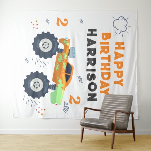 Happy Birthday Modern Monster Car Trucks Name Wandkleed (In Situ (horizontaal))