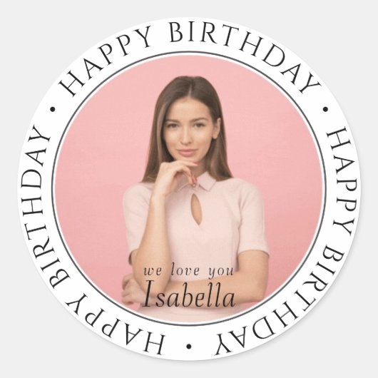 Happy Birthday Modern Simple Custom Photo Classic Ronde Sticker (Voorkant)
