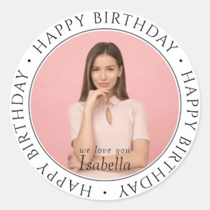 Happy Birthday Modern Simple Custom Photo Classic Ronde Sticker