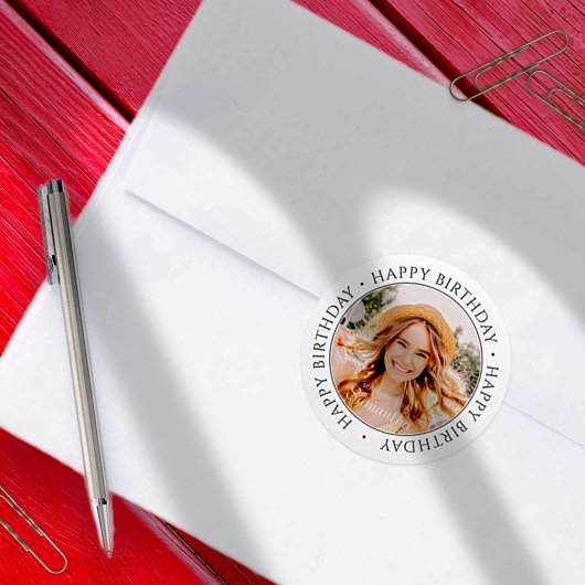 Happy Birthday Modern Simple Custom Photo Ronde Sticker