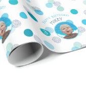 HAPPY BIRTHDAY moderne foto confetti spots blauw Cadeaupapier (Rol Hoek)