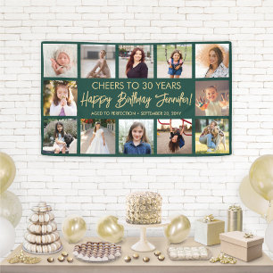 Happy Birthday Moderne fotocollage Groen en Goud Spandoek