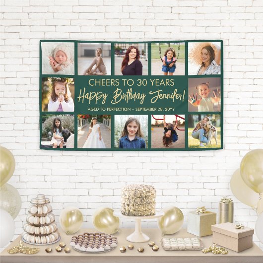 Happy Birthday Moderne fotocollage Groen en Goud Spandoek