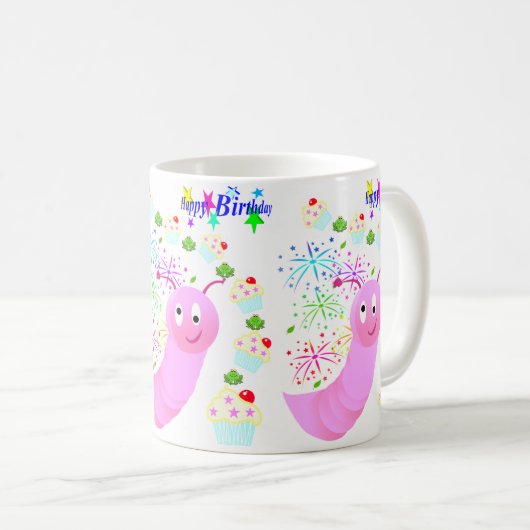 Happy Birthday Mok Roze Worm Confetti (Voorkant rechts)