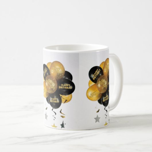 Happy Birthday Mok Zwart Gouden Ballonnen (Voorkant rechts)