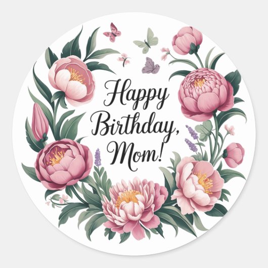 Happy Birthday Mom Bloemenontwerp Ronde Sticker (Voorkant)