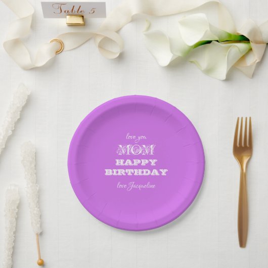 Happy Birthday Mom Chic Script Elegant Violet Papieren Bordje (Huwelijk)