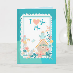 Happy Birthday, MOM, Waterverf vogels en bloemen Kaart