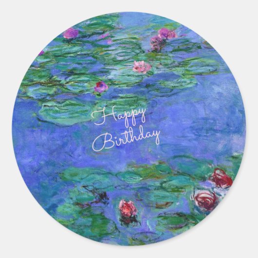 Happy Birthday: Monet's Water Lilies Ronde Sticker (Voorkant)