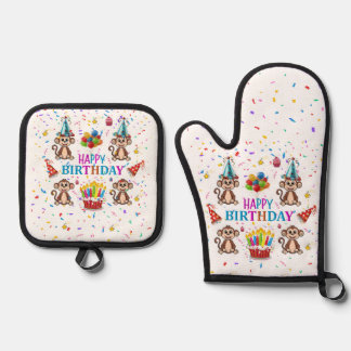 Happy Birthday Monkey Oven Mitt and Pot Holder Ovenwant & Pannenlap Set