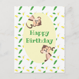 Happy Birthday Monkey Tropical Leaf Banana Peels Briefkaart