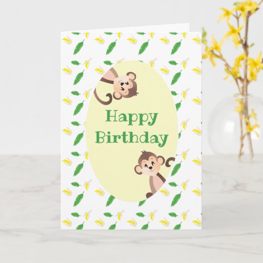 Happy Birthday Monkey Tropical Leaf Banana Peels Kaart (Gele Bloem)