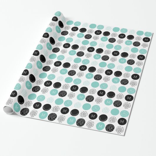 Happy Birthday Monogram Circles Aqua Stippen Wrap Cadeaupapier (Uitgerold)