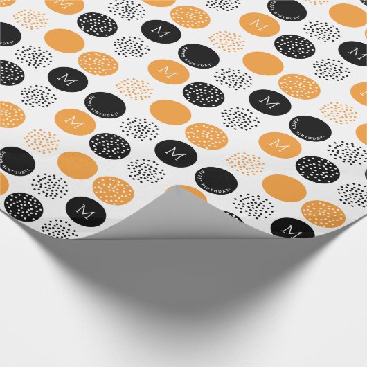 Happy Birthday Monogram Circles Oranje Stippen Wra Cadeaupapier (Hoek)