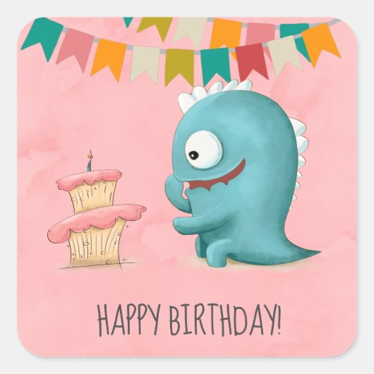Happy Birthday Monster en Cake Vierkante Sticker (Voorkant)