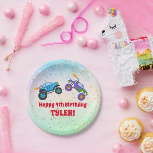 Happy Birthday, Monster Trucks, Child's Name & Age Papieren Bordje (Feest)