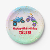 Happy Birthday, Monster Trucks, Child's Name & Age Papieren Bordje (Voorkant)