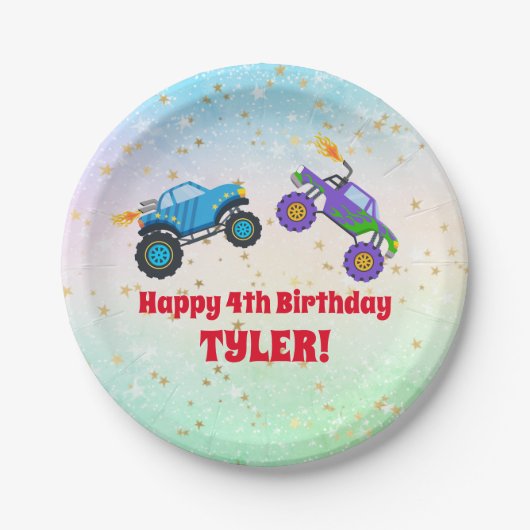 Happy Birthday, Monster Trucks, Child's Name & Age Papieren Bordje (Voorkant)