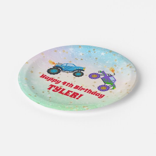 Happy Birthday, Monster Trucks, Child's Name & Age Papieren Bordje (Gekanteld)