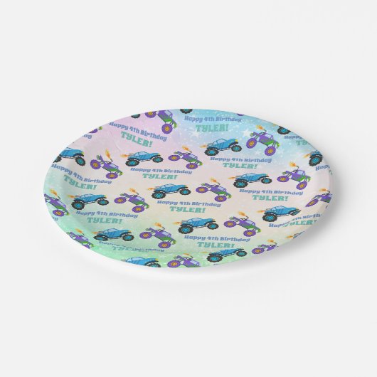 Happy Birthday, Monster Trucks, DIY Naam & leeftij Papieren Bordje (Gekanteld)