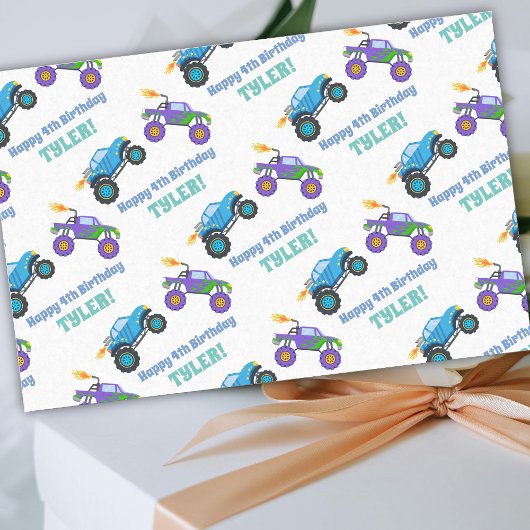 Happy Birthday, Monster Trucks, DIY Naam/Leeftijd  Tissuepapier