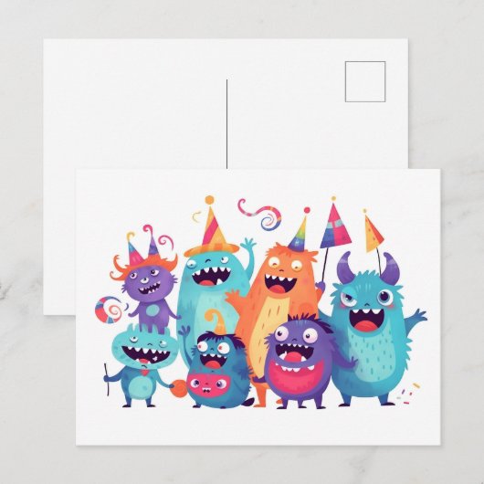 Happy Birthday. Monsterparty mit Monstern Briefkaart (Voorkant / Achterkant)